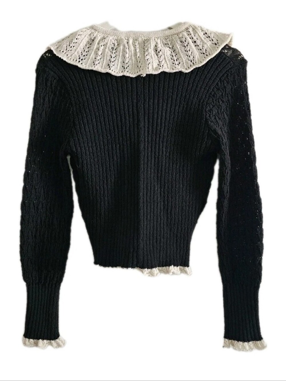 Zara Black Knit Cardigan with Cream Ruffled Collar Size M - Picture 3 of 5